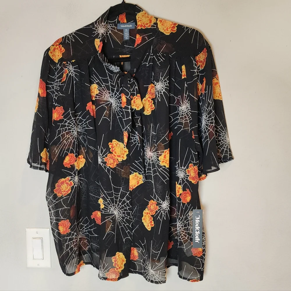 NWT ModCloth Spider Webs Floral Tie-Neck Sheer Black Orange Button Blouse Top XL - Picture 12 of 14